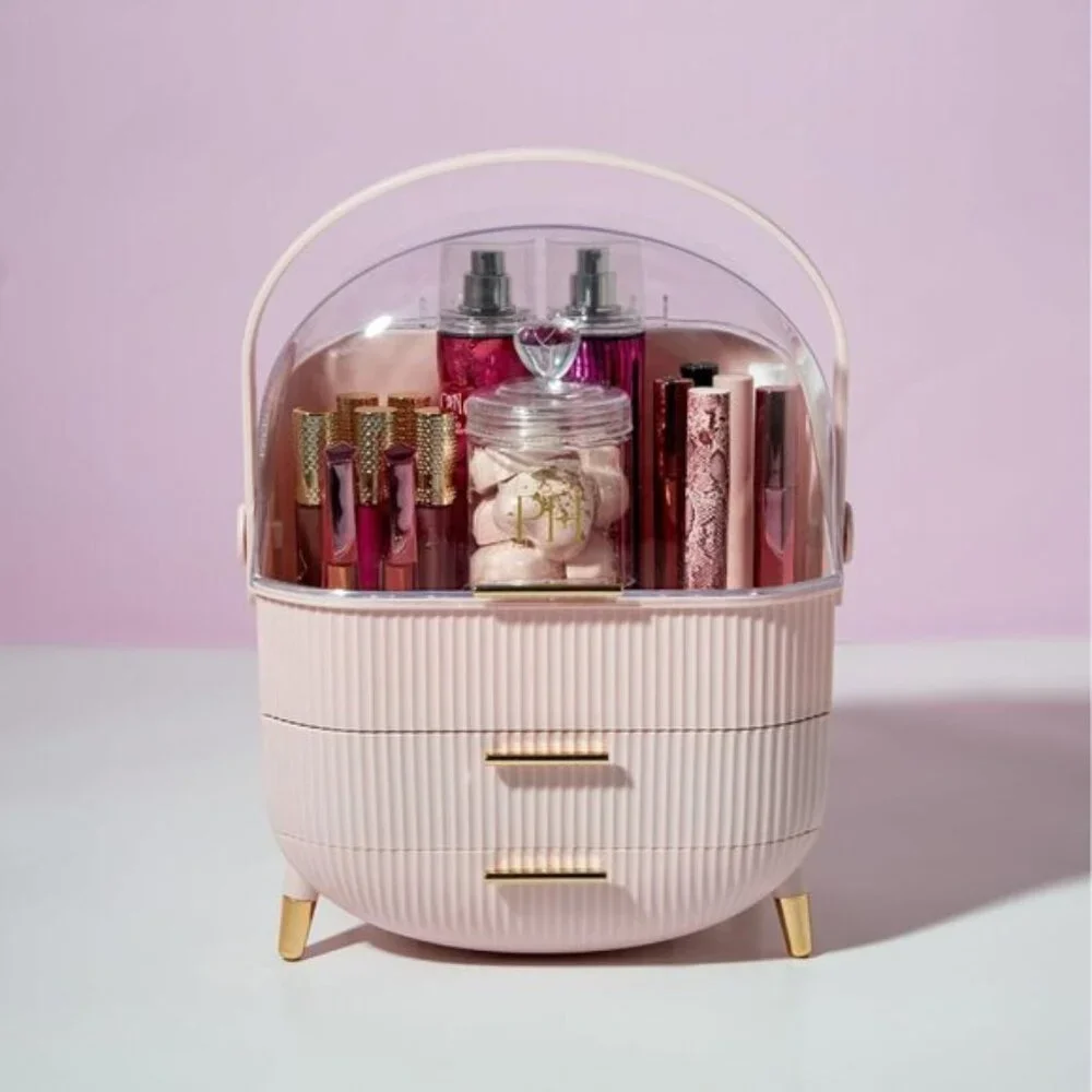 New Pink Makeup Storage Organizer, Standard Size Cosmetic Box with Dustproof Lid